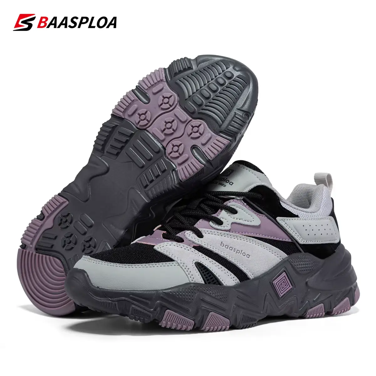 Baasploa Women's Mesh Breathable Comfortable Walking Sports Non-slip Outdoor Tennis Shoes, shown in black and purple.