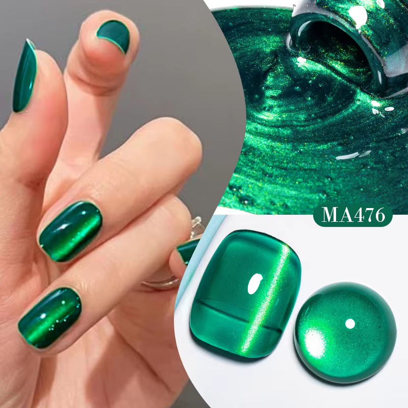 MEET ACROSS 7ml Green Jade Cat Magnetic Gel Nail Polish bottle and its green cat eye effect on nails are shown.