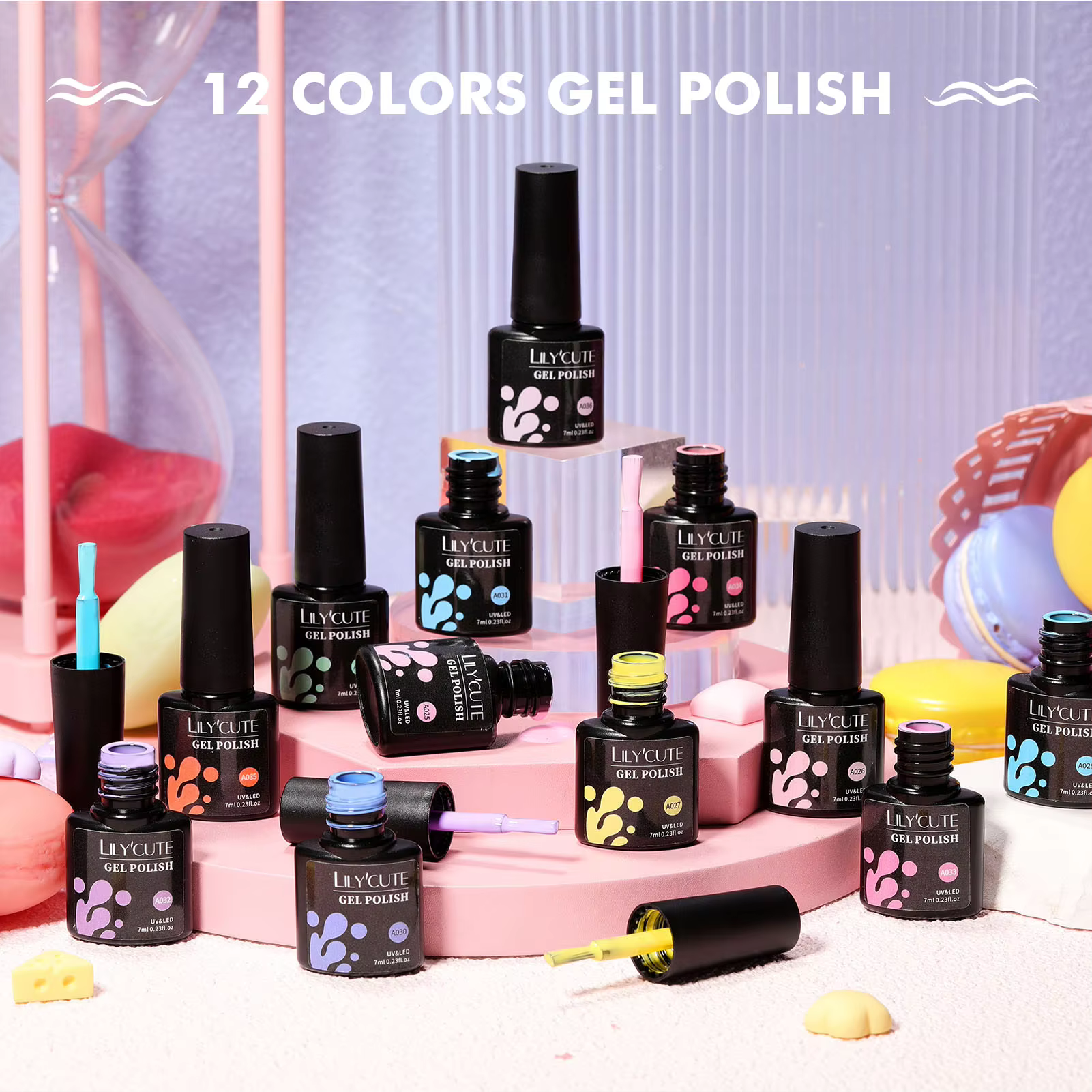 Lilycute 12pcs 7ml Spring Macaron Nail Gel Polish Set bottles are shown in different colors.