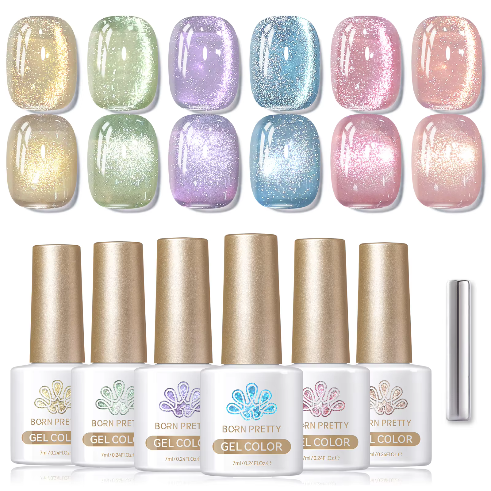 Born Pretty 6pcs Cat Magnetic Gel Nail Polish Set bottles and their different color swatches are shown, showing the 9D Chameleon effect.