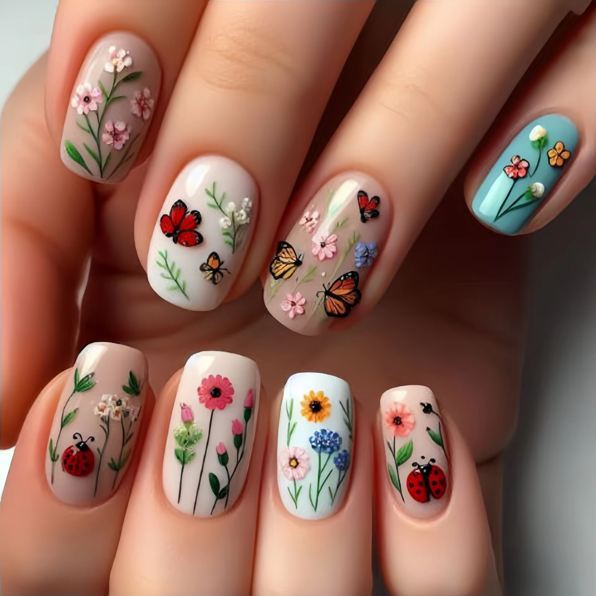 Close-up of hands with 24pcs Mini Flower Press-on Nails featuring glue painting, floral acrylic designs on short square false nails.