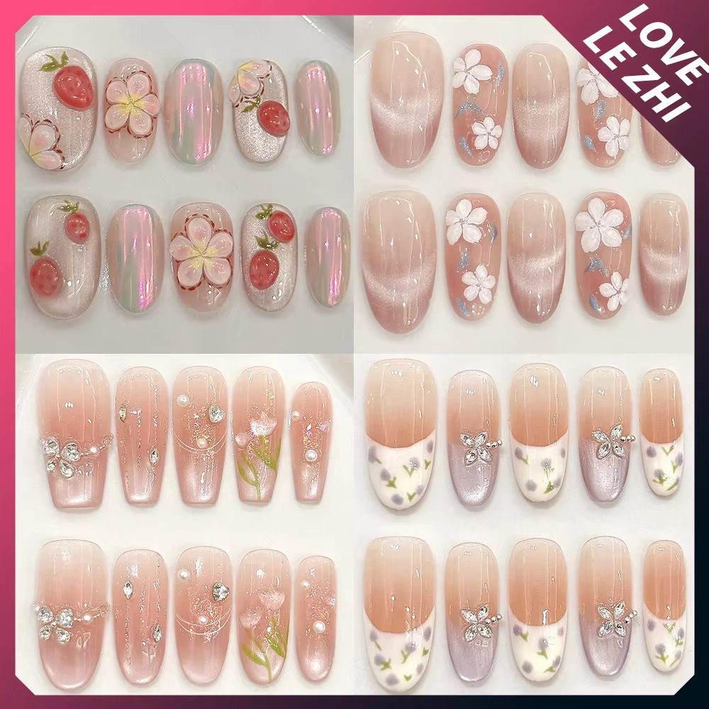 Display of 10pcs Lovely Pink Cat Eye Square Ellipse False Nails from the Spring-Summer Flower Series, featuring diamond pearl detachable nail party stickers.