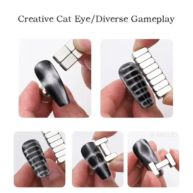 Images showcasing the Crocodile Pattern Nail Magnet Tool being used to create a cat-eye strong effect wave on geometric UV attraction magnetic gel nail polish.