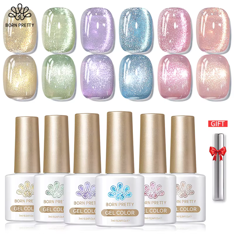 BORN PRETTY Crystal Glass Cat Magnetic Gel Nail Polish set featuring pastel glitter cat magnetic gel for a spring/summer manicure kit, with multiple color options shown.