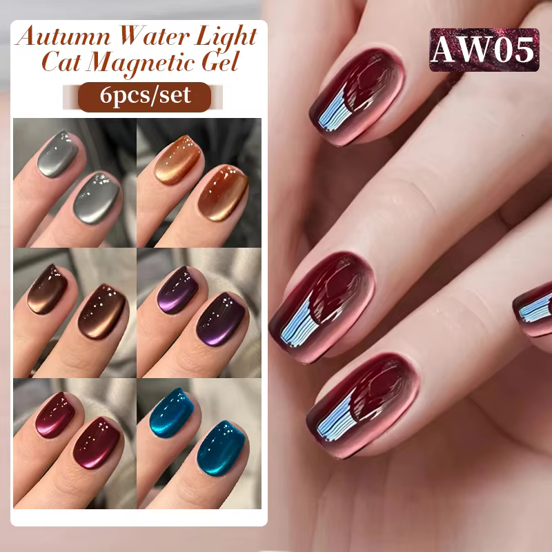BORN PRETTY 6pcs Water Light Cat Magnetic Gel Polish Set in winter dark red and blue silver shades, shown in swatches and on nails, designed for semi-permanent soak-off UV LED gel varnish manicures.