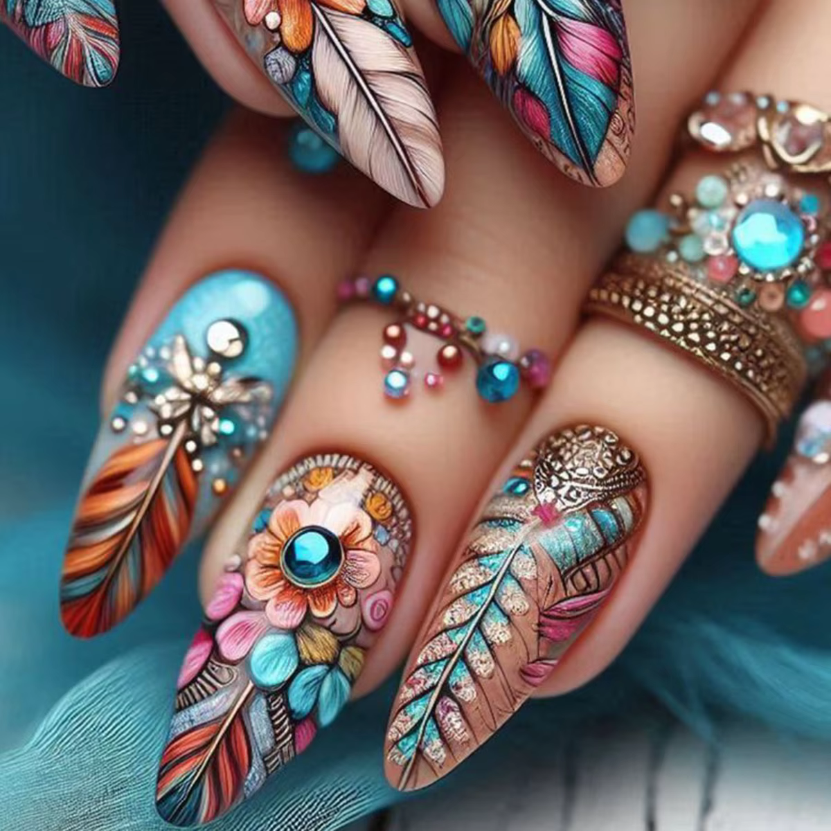 Close-up of hands adorned with Colorful Feathers Press-on Nails, featuring diamond accents, floral patterns, and wearable acrylic almond press-on nail tips.