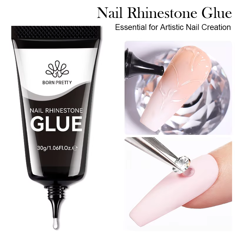 BORN PRETTY 30ML Nail Rhinestone Glue Gel in a black tube, displayed with images showing its use in applying rhinestones and creating wave liner painting drawing gel charm 3D bling gel designs for decoration nails gems.