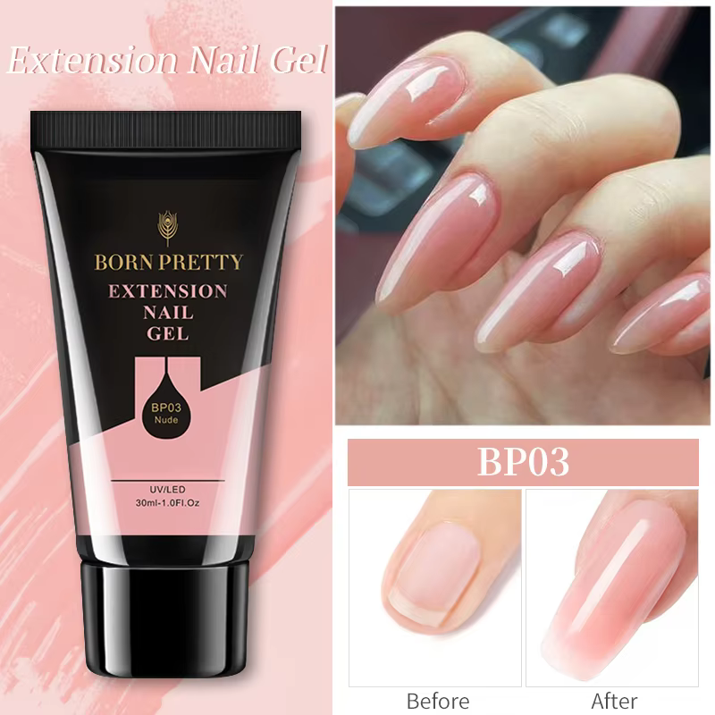 BORN PRETTY 30ml Nail Extension Gel in a black tube, alongside images showing its application for quick building nail tips and creating hard gel nude pink gel varnish manicures on various nail shapes.