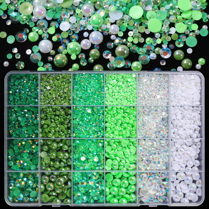 24-Grid Box of Mixed Green Pearl Resin Flat Drill Charms for DIY Nail Decoration