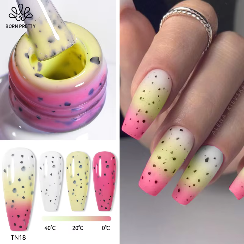 BORN PRETTY Eggshell Thermal Gel Nail Polish in a yellow bottle, shown with swatches and applied on nails creating a snowflake temperature color-changing vernis semi-permanent matte top effect.