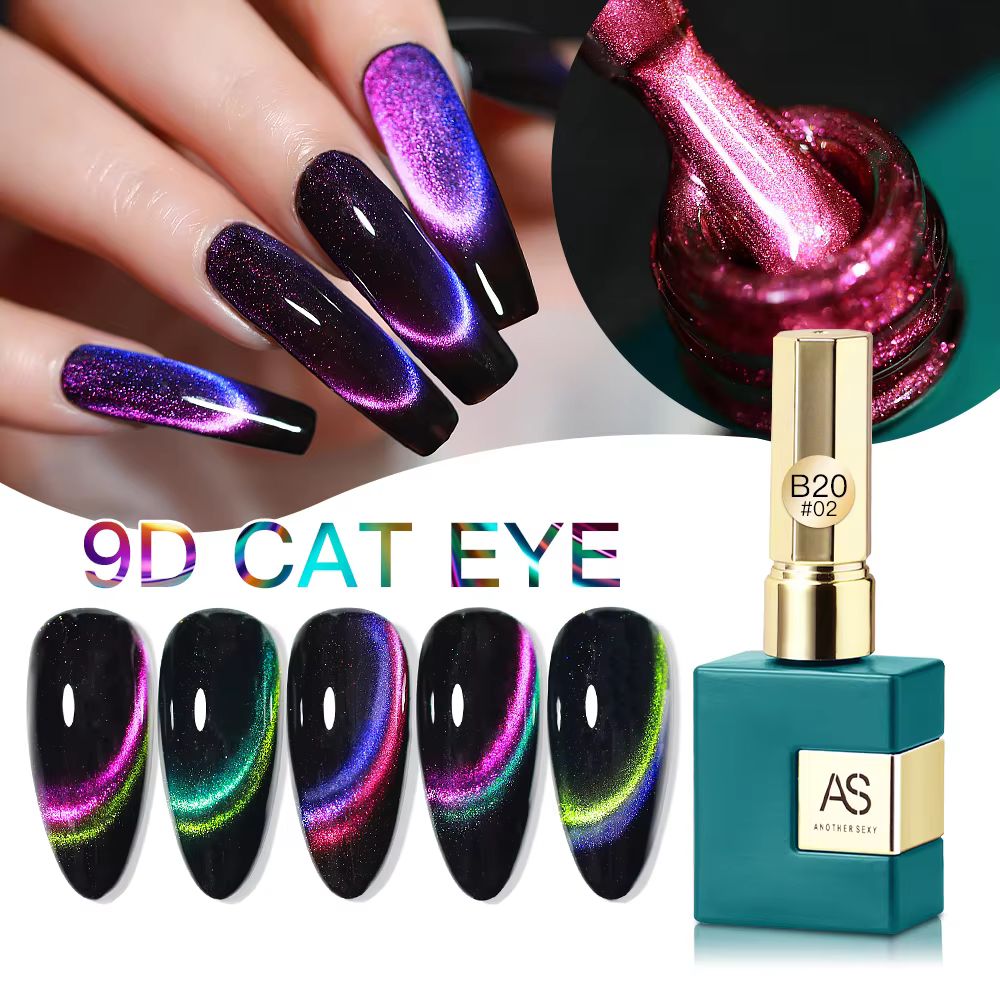 A set of AS 7ml Cat Eye Nail Gel Polish in various shimmering magnetic colors, creating a 9D galaxy effect, displayed with a bottle and swatches, designed for soak-off manicure varnish and nail art in a sleek black gel finish.