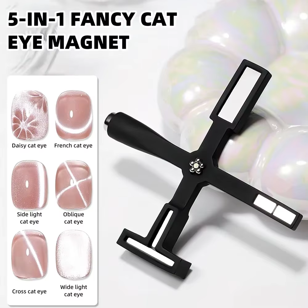 A 5-IN-1 Fancy Cat Eye Magnet tool, black and cross-shaped, displayed with swatches showing the strong magnetic effects achievable on cat-eye nail polish, described as a multi-functional tool for nail polish glue iron and stone nail art.