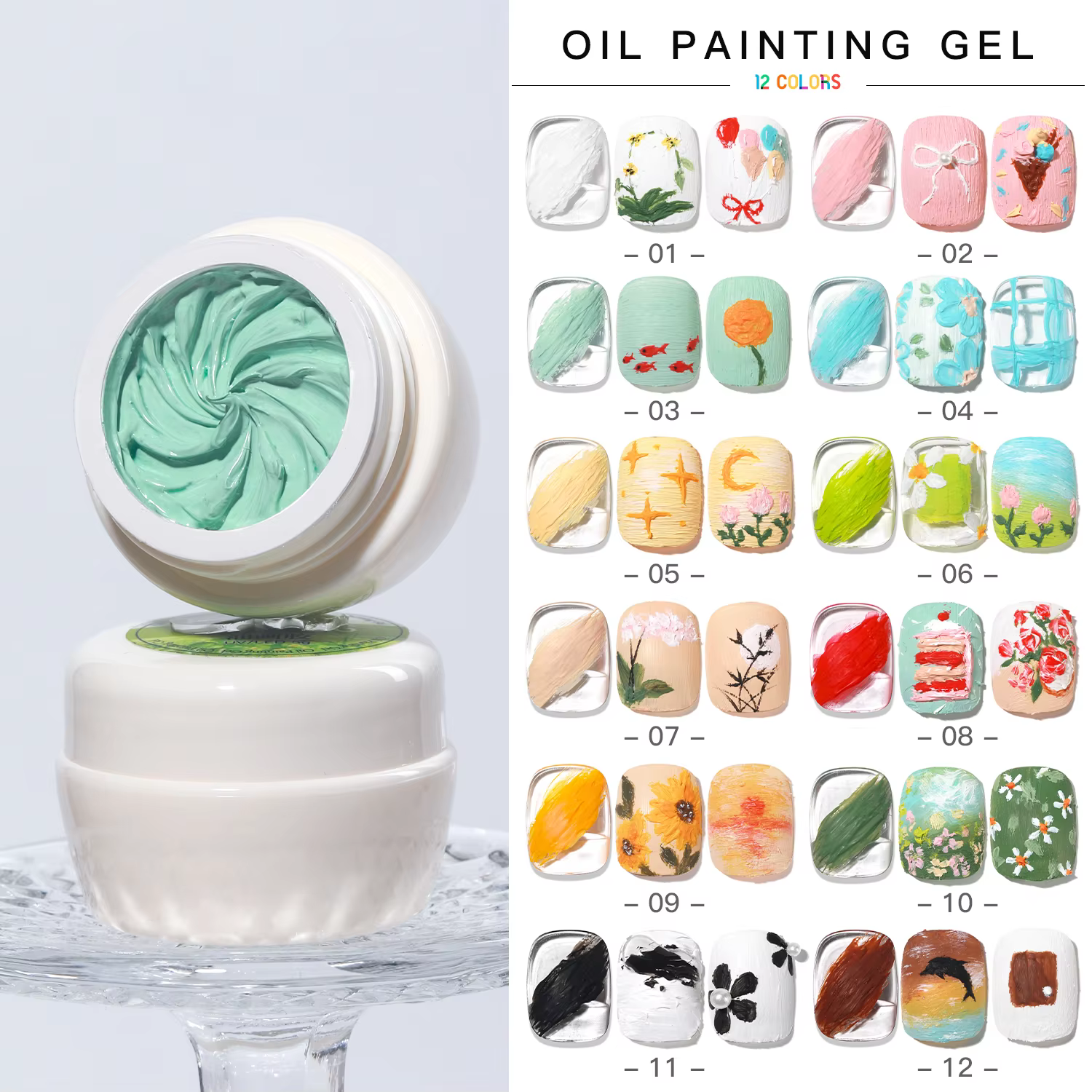 AS 12pcs No Wipe Oil Painting Gel set, featuring 5ml liner color gels in various shades displayed in a palette, alongside a jar of the no-flowing nail art semi-permanent manicure drawing gel.