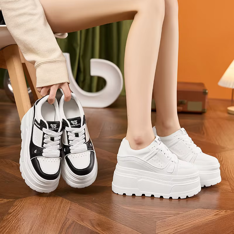 AUTUSPIN 8.5cm Wedges Platform Women Shoes, 2025 fashion white thick bottom ladies leather street tide ins style footwear, shown in white with black accents and solid white.
