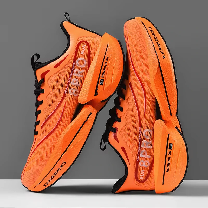 CarbonPlate Marathon Shoes for men, casual sneakers, comfy lightweight athletic sport running shoes for male outdoor tennis gym footwear, shown in bright orange.