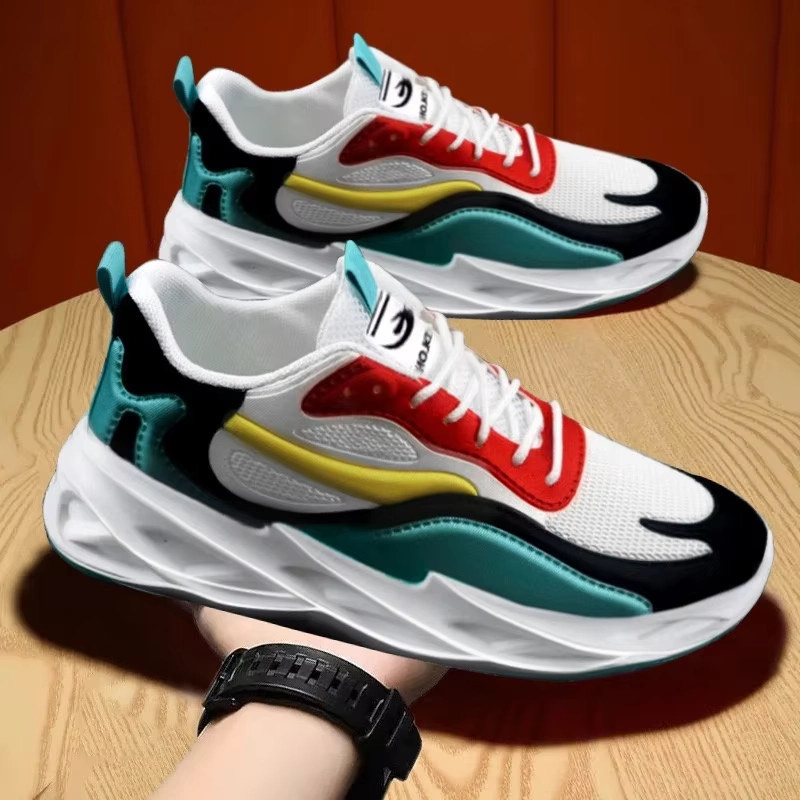 New Trendy Men's Sports Shoes, cushion running sneakers, outdoor leisure walking jogging trainers, soft sole breathable footwear, shown in white with black, red, yellow, and teal accents.